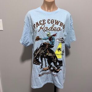 Strange Daze Space Cowboy Rodeo Roswell NM Graphic Tee Large Blue Western UFO